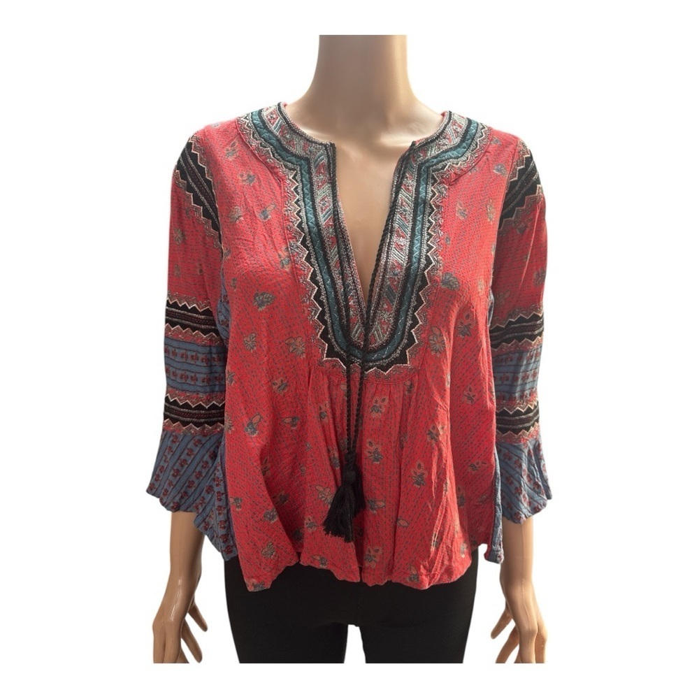 Free People- EC - Bohemian Red and Blue Blouse